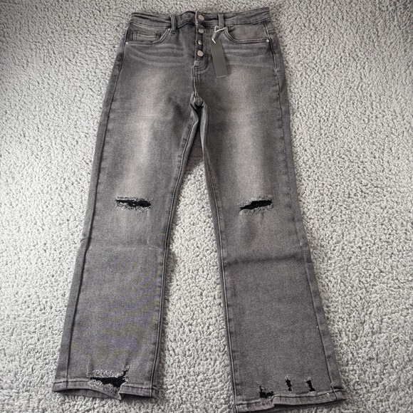 Tractr Button Me‎ Up Grey High Rise Stretch Distressed Crop Jeans Sz 6/28 NWT - Picture 4 of 13